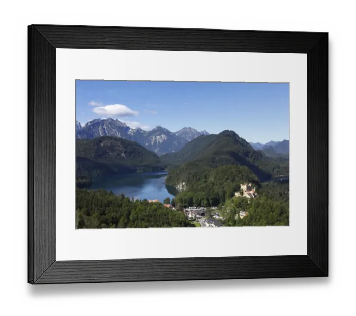 Framed Print : View from Jugend lookout point over Lake Alpsee and Schloss Hohenschwangau Castle towards the Tannheimer Mountains, Ostallgaeu, Allgaeu, Schwaben, Bavaria, Germany, Europe Framed Print : View from Jugend lookout point over Lake Alpsee and Schloss Hohenschwangau Castle towards the Tannheimer Mountains, Ostallgaeu, Allgaeu, Schwaben, Bavaria, Germany, Europe
