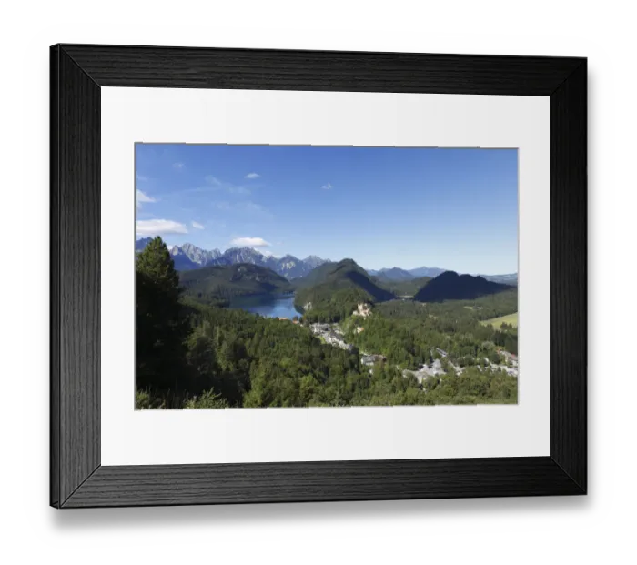 Framed Print : View from Jugend lookout point over Lake Alpsee and Schloss Hohenschwangau Castle towards the Tannheimer Mountains, Ostallgaeu, Allgaeu, Schwaben, Bavaria, Germany, Europe Framed Print : View from Jugend lookout point over Lake Alpsee and Schloss Hohenschwangau Castle towards the Tannheimer Mountains, Ostallgaeu, Allgaeu, Schwaben, Bavaria, Germany, Europe