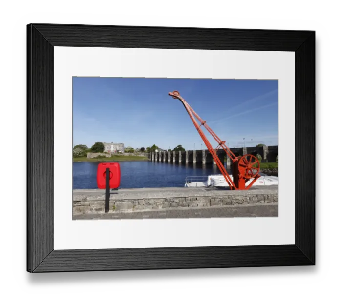 Framed Print : Crane on a jetty, Old Fort and old bridge over the River Shannon, Shannonbridge, County Offaly and Roscommon, Ireland, Europe