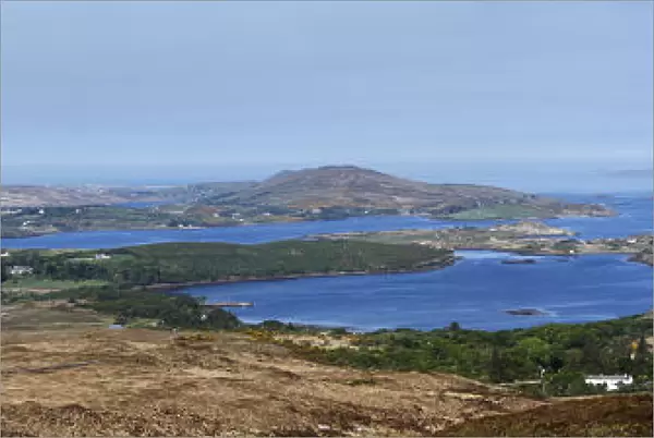 Panoramic view from Diamond Hill over Letterfrack and Ballynakill Harbour, Connemara National Park, County Galway, Republic of Ireland, Europe