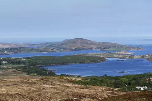Panoramic view from Diamond Hill over Letterfrack and Ballynakill Harbour, Connemara National Park, County Galway, Republic of Ireland, Europe