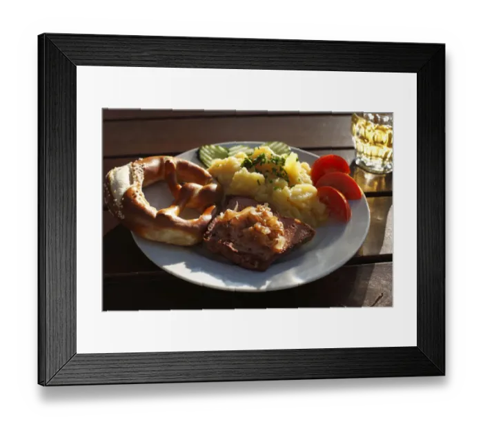 Framed Print : Leberkaese spam with roasted onions, pretzels and potato salad, Schwaben, Bavaria, Germany, Europe Framed Print : Leberkaese spam with roasted onions, pretzels and potato salad, Schwaben, Bavaria, Germany, Europe