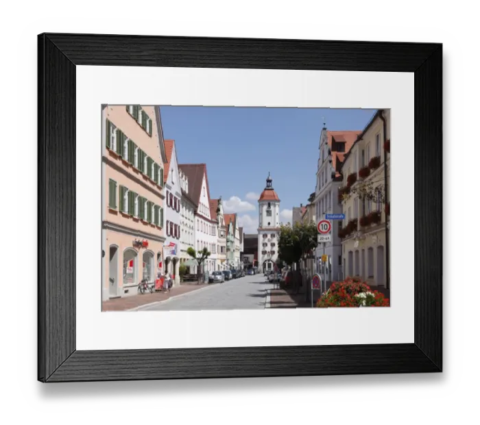 Framed Print : Koenigstrasse street with Mitteltorturm gate tower, Dillingen an der Donau, Donauried region, Swabia, Bavaria, Germany, Europe