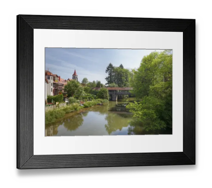 Framed Print : Jetty crossing Pegnitz River, leading to Schlossinsel Island, Lauf an der Pegnitz, Franconia, Bavaria, Germany, Europe
