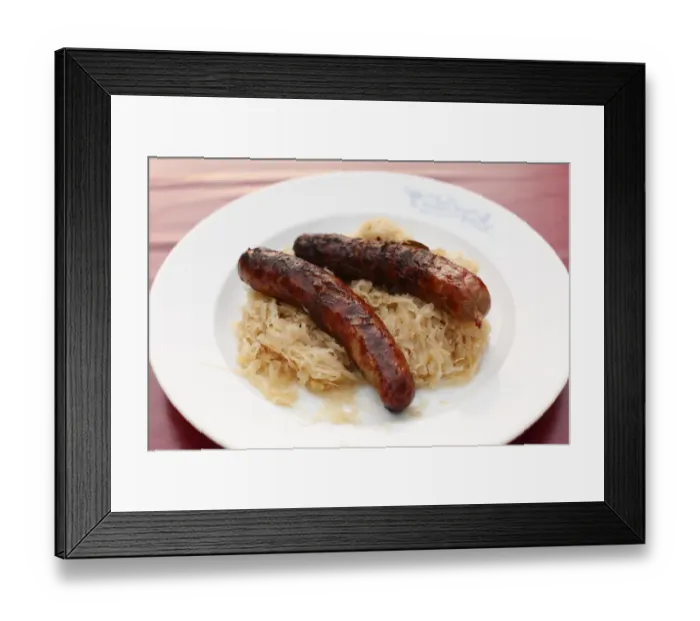Framed Print : Bratwurst with sauerkraut, Lower Franconia, Franconia, Bavaria, Germany, Europe