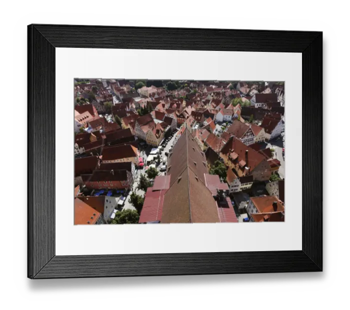Framed Print : View from the tower of the Daniel or St. -Georgs-Kirche church to the east on the church roof, Noerdlingen, Swabia, Bavaria, Germany, Europe