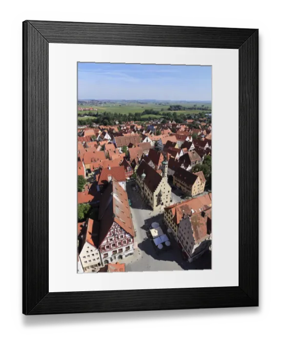 Framed Print : View from the tower of the Daniel or St. -Georgs-Kirche church to the north, market place and town hall, Noerdlingen, Swabia, Bavaria, Germany, Europe