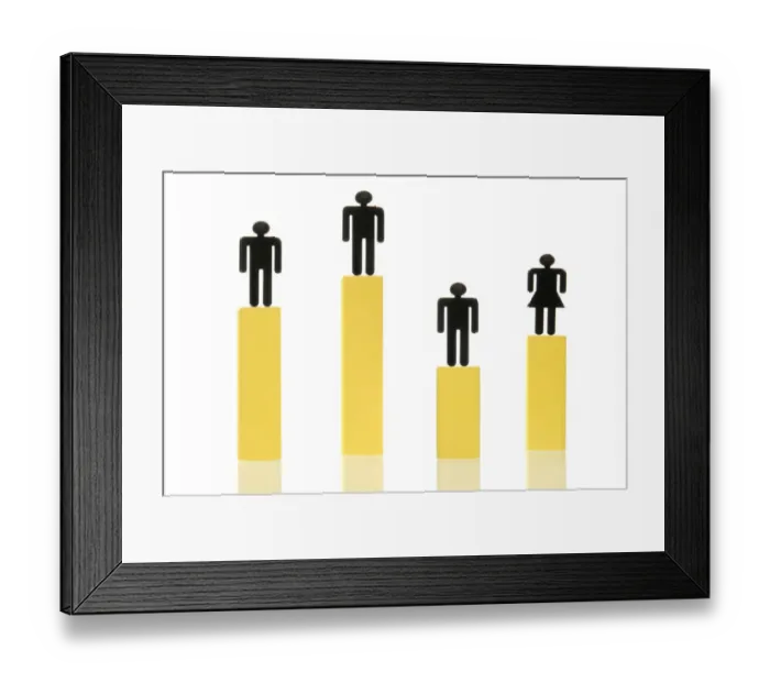 Framed Print : Three male figures and one female figure standing on different coloured columns of various heights Framed Print : Three male figures and one female figure standing on different coloured columns of various heights