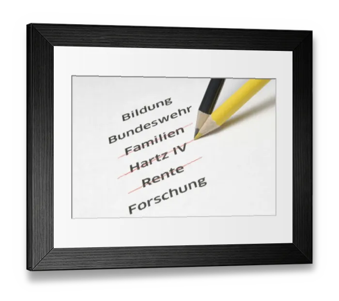 Framed Print : A yellow and a black pencil crossing out the letterings Familien, Hartz IV and Rente, German for families, Hartz IV, a German unemployment benefit, and pension, symbolic image for the policy of economy measures of the Conservative Parties in Germany Framed Print : A yellow and a black pencil crossing out the letterings Familien, Hartz IV and Rente, German for families, Hartz IV, a German unemployment benefit, and pension, symbolic image for the policy of economy measures of the Conservative Parties in Germany