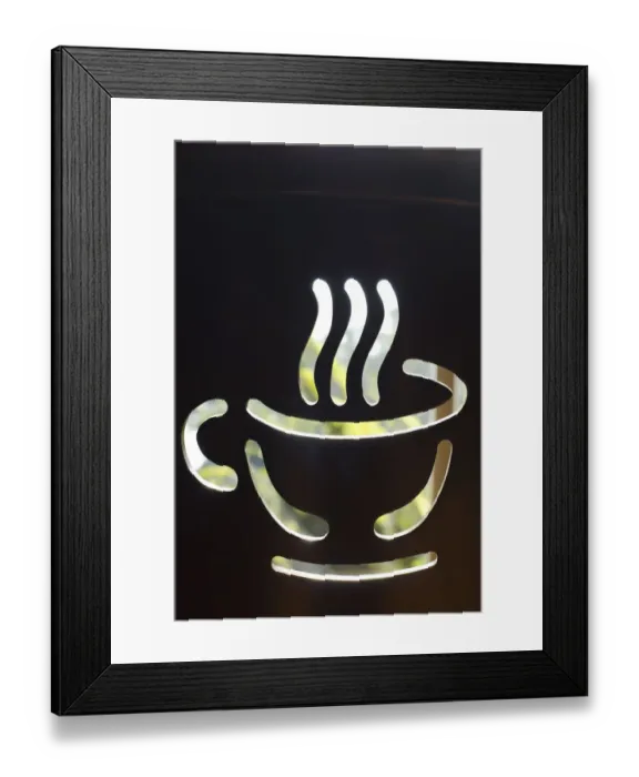 Framed Print : Coffee pictogram on wooden material Framed Print : Coffee pictogram on wooden material