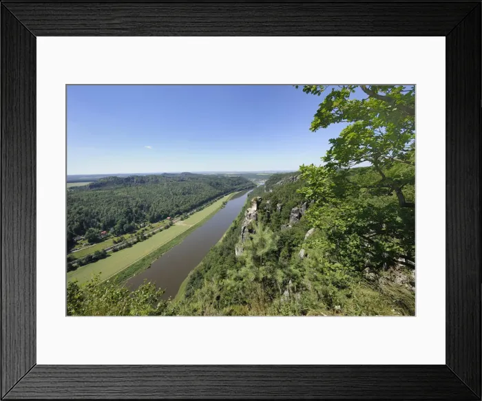 Framed Print : View of the Elbe river with Wartturm rock formation, Bastei, Elbsandsteingebirge Elbe Sandstone Mountains, Nationalpark Saechsische Schweiz national park, Saxon Switzerland, Saxony, Germany, Europe