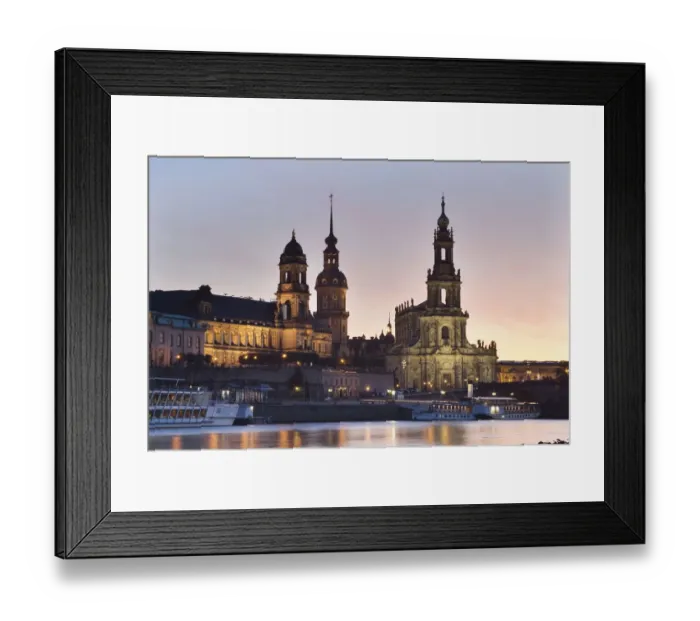 Framed Print : Evening mood in Dresden, as seen from the bank of the Elbe River with a view towards the Terrassenufer promenade with the Castle and Castle Church, Dresden, Saxony, Germany, Europe Framed Print : Evening mood in Dresden, as seen from the bank of the Elbe River with a view towards the Terrassenufer promenade with the Castle and Castle Church, Dresden, Saxony, Germany, Europe