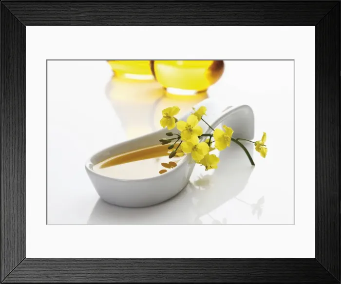 Framed Print : Porcelain spoon with vegetable oil and rapeseed flowers Framed Print : Porcelain spoon with vegetable oil and rapeseed flowers