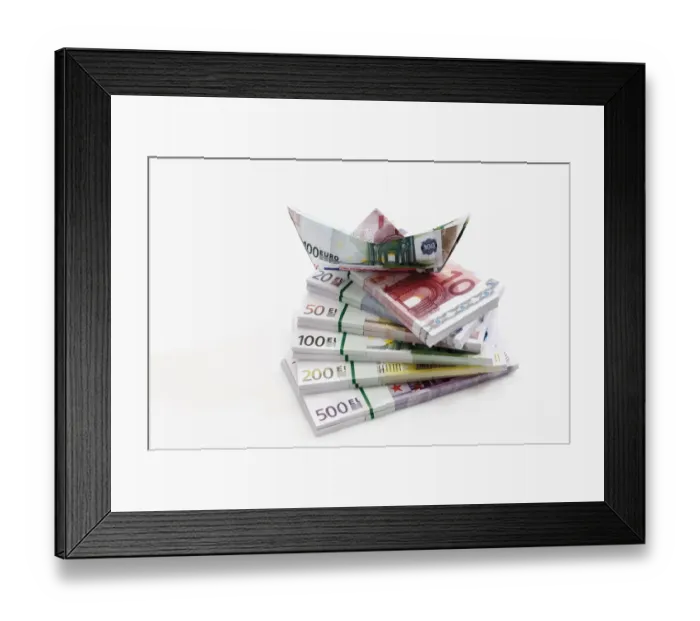 Framed Print : Stacked euro notes in bundles with boat made from notes Framed Print : Stacked euro notes in bundles with boat made from notes