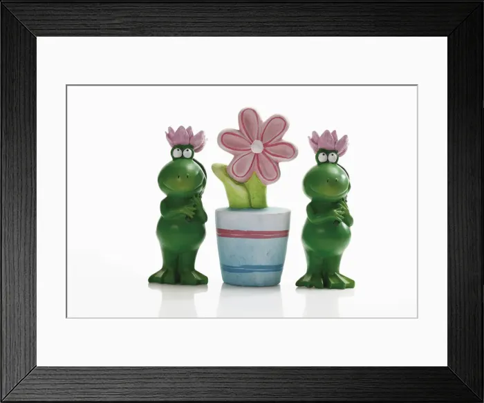 Framed Print : Two frog figures with artificial flower pot