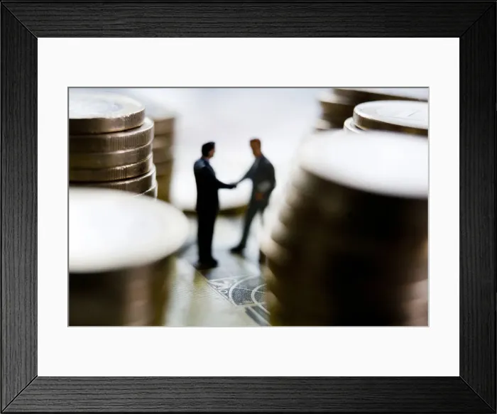 Framed Print : Figures of managers between euro coins Framed Print : Figures of managers between euro coins