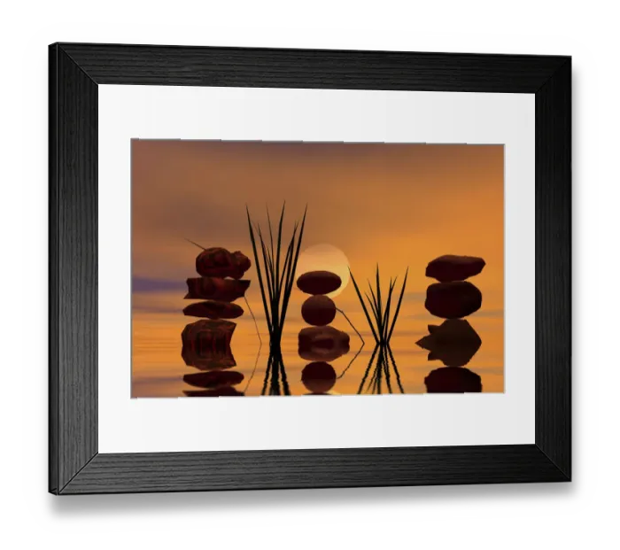 Framed Print : Three piles of stones at sunset, 3D graphics Framed Print : Three piles of stones at sunset, 3D graphics