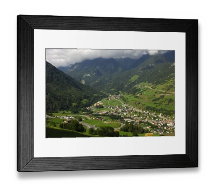 Framed Print : View over the town of Orsieres from the ascent to the Great St. Bernard Pass and the entrance to the Val Ferret valley, Valais, Switzerland, Europe Framed Print : View over the town of Orsieres from the ascent to the Great St. Bernard Pass and the entrance to the Val Ferret valley, Valais, Switzerland, Europe