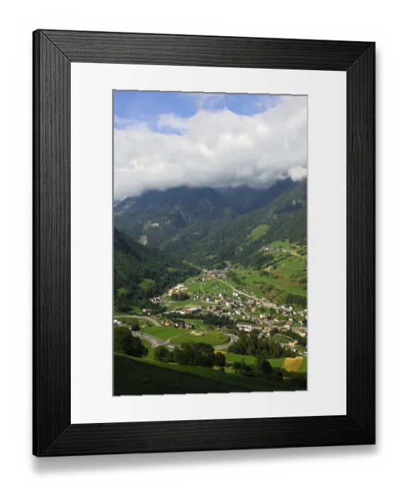 Framed Print : View over the town of Orsieres from the ascent to the Great St. Bernard Pass and the entrance to the Val Ferret valley, Valais, Switzerland, Europe Framed Print : View over the town of Orsieres from the ascent to the Great St. Bernard Pass and the entrance to the Val Ferret valley, Valais, Switzerland, Europe