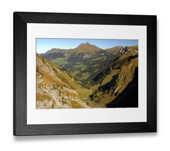 Framed Print : View through Geltental valley to the peaks of Giferspitz and Lauenenhorn, Geltental Nature Reserve, Lauenen, Switzerland, Europe Framed Print : View through Geltental valley to the peaks of Giferspitz and Lauenenhorn, Geltental Nature Reserve, Lauenen, Switzerland, Europe