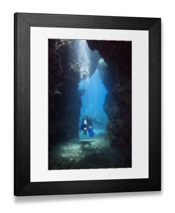 Framed Print : Scuba diver leaving a cave, Marsa Alam, Red Sea, Egypt, Africa Framed Print : Scuba diver leaving a cave, Marsa Alam, Red Sea, Egypt, Africa