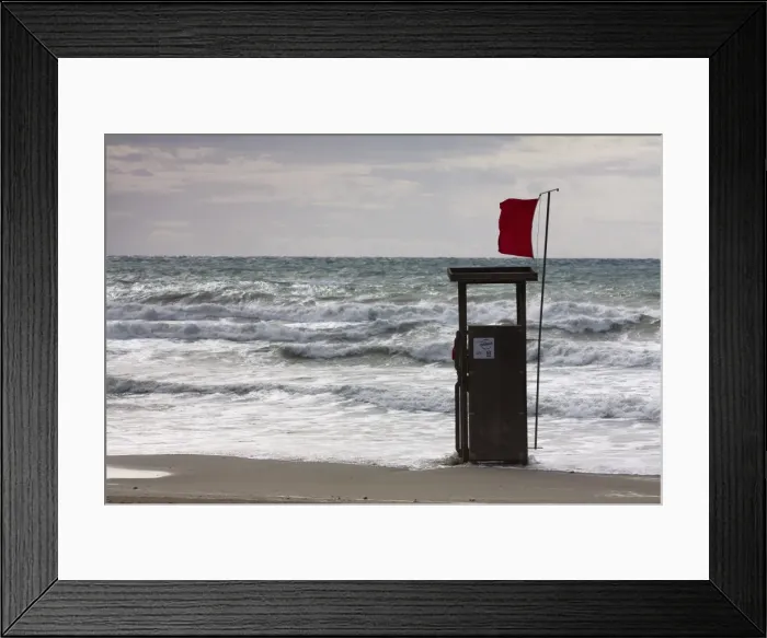 Framed Print : Lifeguard watch tower on the beach of Playa TorAzAa with a red Flag and waves, Peguera, Majorca, Balearic Islands, Spain, Europe Framed Print : Lifeguard watch tower on the beach of Playa TorAzAa with a red Flag and waves, Peguera, Majorca, Balearic Islands, Spain, Europe