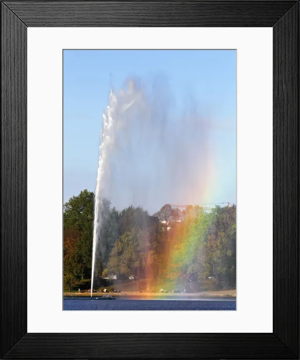 Framed Print : Alster Fountain, water fountain creating a rainbow on the Inner Alster Lake in the center of Hamburg, Germany, Europe Framed Print : Alster Fountain, water fountain creating a rainbow on the Inner Alster Lake in the center of Hamburg, Germany, Europe