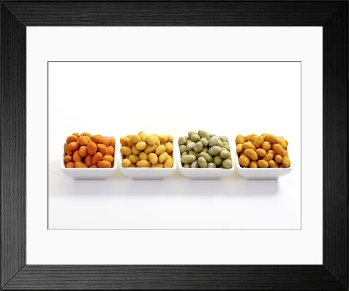 Framed Print : Peanuts in various flavoured coatings, chili, Wasabi, curry and paprika Framed Print : Peanuts in various flavoured coatings, chili, Wasabi, curry and paprika