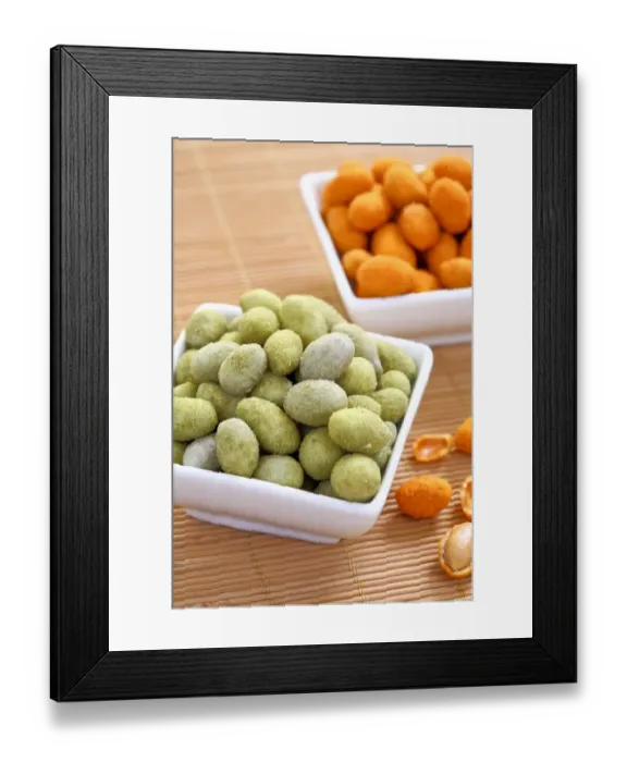 Framed Print : Various coated peanuts, Wasabi and chili flavours Framed Print : Various coated peanuts, Wasabi and chili flavours