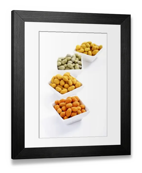 Framed Print : Peanuts in various flavoured coatings, chili, Wasabi, curry and paprika Framed Print : Peanuts in various flavoured coatings, chili, Wasabi, curry and paprika