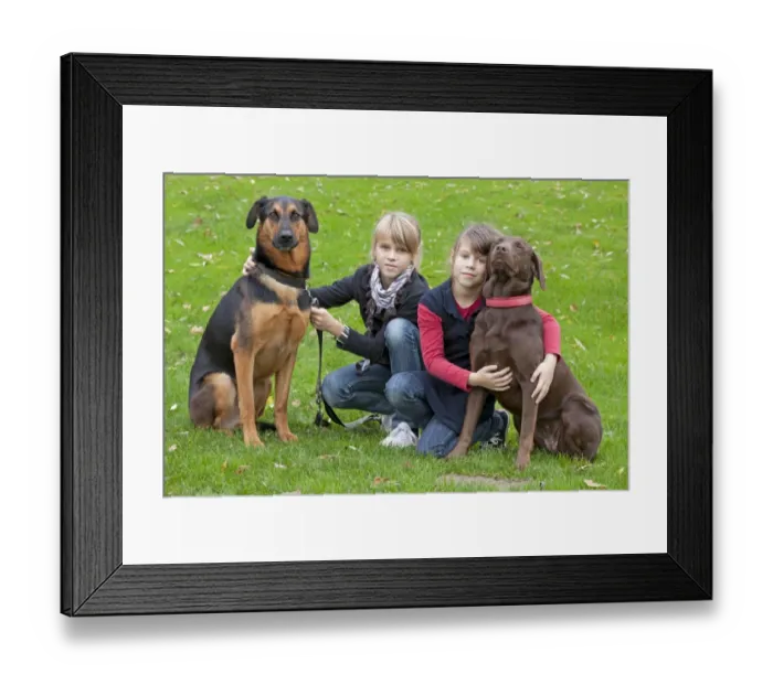 Framed Print : Girls with German Shepherd mix and Labrador Framed Print : Girls with German Shepherd mix and Labrador