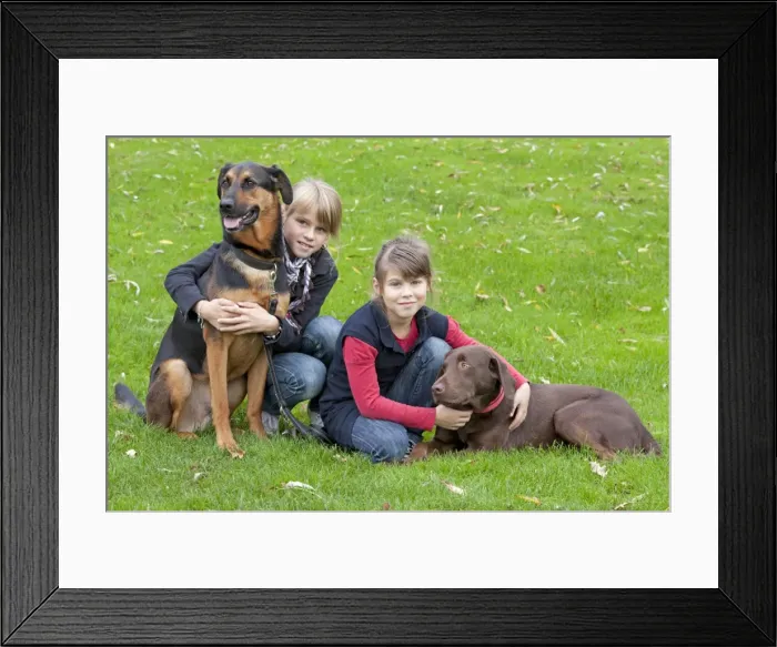 Framed Print : Girls with German Shepherd mix and Labrador Framed Print : Girls with German Shepherd mix and Labrador