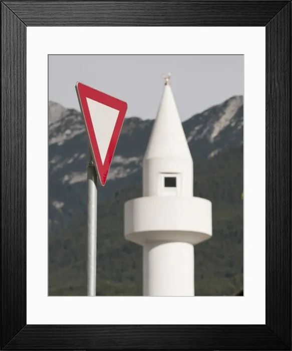 Framed Print : Yield-sign with minaret, controversial mosque in Telfs, Tyrol, Austria, Europe Framed Print : Yield-sign with minaret, controversial mosque in Telfs, Tyrol, Austria, Europe