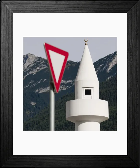 Framed Print : Yield-sign with minaret, controversial mosque in Telfs, Tyrol, Austria, Europe Framed Print : Yield-sign with minaret, controversial mosque in Telfs, Tyrol, Austria, Europe