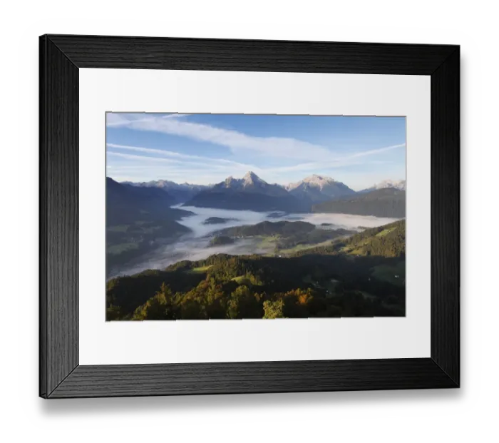 Framed Print : View from Kneifelspitze mountain across Berchtesgaden towards Watzmann and Hochkalter mountains, in the morning, Berchtesgaden Alps, Berchtesgadener Land district, Upper Bavaria, Germany, Europe Framed Print : View from Kneifelspitze mountain across Berchtesgaden towards Watzmann and Hochkalter mountains, in the morning, Berchtesgaden Alps, Berchtesgadener Land district, Upper Bavaria, Germany, Europe