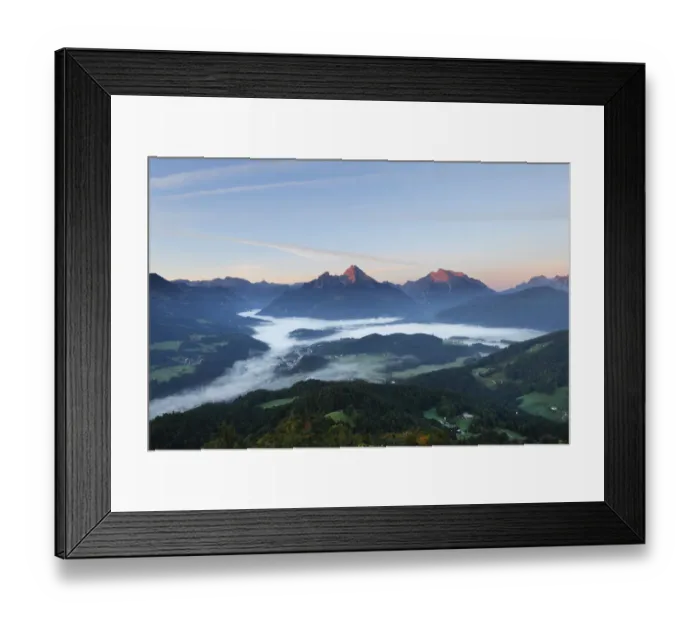 Framed Print : View from Kneifelspitze mountain across Berchtesgaden towards Watzmann and Hochkalter mountains, in the morning, Berchtesgaden Alps, Berchtesgadener Land district, Upper Bavaria, Germany, Europe Framed Print : View from Kneifelspitze mountain across Berchtesgaden towards Watzmann and Hochkalter mountains, in the morning, Berchtesgaden Alps, Berchtesgadener Land district, Upper Bavaria, Germany, Europe