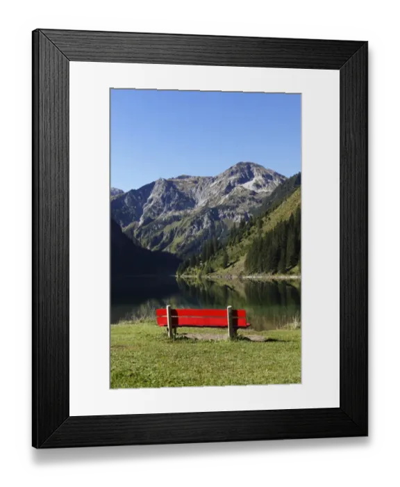 Framed Print : Red bench on Lake Vilsalpsee at Tannheim, Vilsalpseeberge mountains, Tannheimer Tal high valley, Tyrol, Austria, Europe Framed Print : Red bench on Lake Vilsalpsee at Tannheim, Vilsalpseeberge mountains, Tannheimer Tal high valley, Tyrol, Austria, Europe
