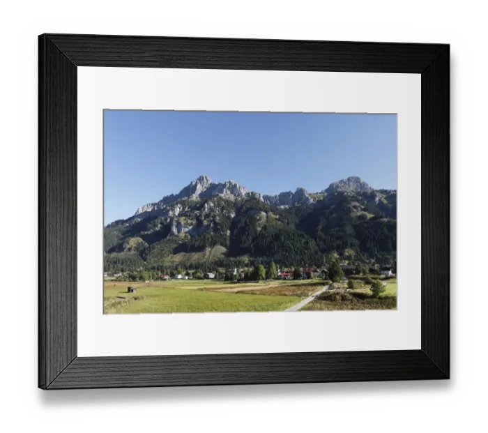 Framed Print : Nesselwaengle village, Tannheimer Tal high valley, Mt. Gimpel left and Mt. Kellenspitze, Tannheimer Berge mountains, Tyrol, Austria, Europe Framed Print : Nesselwaengle village, Tannheimer Tal high valley, Mt. Gimpel left and Mt. Kellenspitze, Tannheimer Berge mountains, Tyrol, Austria, Europe