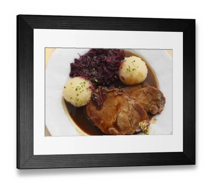 Framed Print : Schweinsbraten, roast pork with dumplings and red cabbage, Upper Bavaria, Bavaria, Germany, Europe