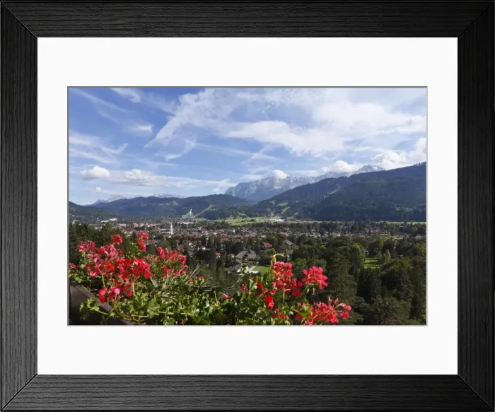 Framed Print : View of Garmisch-Partenkirchen as seen from Kriegergedaechtniskapelle memorial chapel, Werdenfelser Land region, Upper Bavaria, Bavaria, Germany, Europe Framed Print : View of Garmisch-Partenkirchen as seen from Kriegergedaechtniskapelle memorial chapel, Werdenfelser Land region, Upper Bavaria, Bavaria, Germany, Europe
