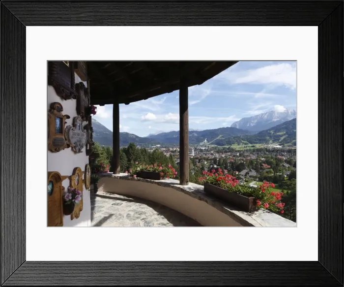 Framed Print : View of Garmisch-Partenkirchen as seen from Kriegergedaechtniskapelle memorial chapel, Werdenfelser Land region, Upper Bavaria, Bavaria, Germany, Europe Framed Print : View of Garmisch-Partenkirchen as seen from Kriegergedaechtniskapelle memorial chapel, Werdenfelser Land region, Upper Bavaria, Bavaria, Germany, Europe