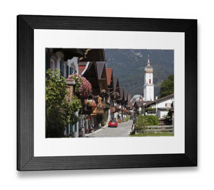 Framed Print : Row of houses on Sonnenstrasse street, Church of St. Martin, Garmisch district, Garmisch-Partenkirchen, Wank mountain at the back, Werdenfelser Land region, Upper Bavaria, Bavaria, Germany, Europe Framed Print : Row of houses on Sonnenstrasse street, Church of St. Martin, Garmisch district, Garmisch-Partenkirchen, Wank mountain at the back, Werdenfelser Land region, Upper Bavaria, Bavaria, Germany, Europe