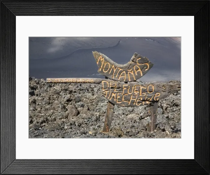 Framed Print : Sign for a car park in Timanfaya National Park, from where buses drive tourists through the Fire Mountains, Lanzarote, Canary Islands, Spain, Europe