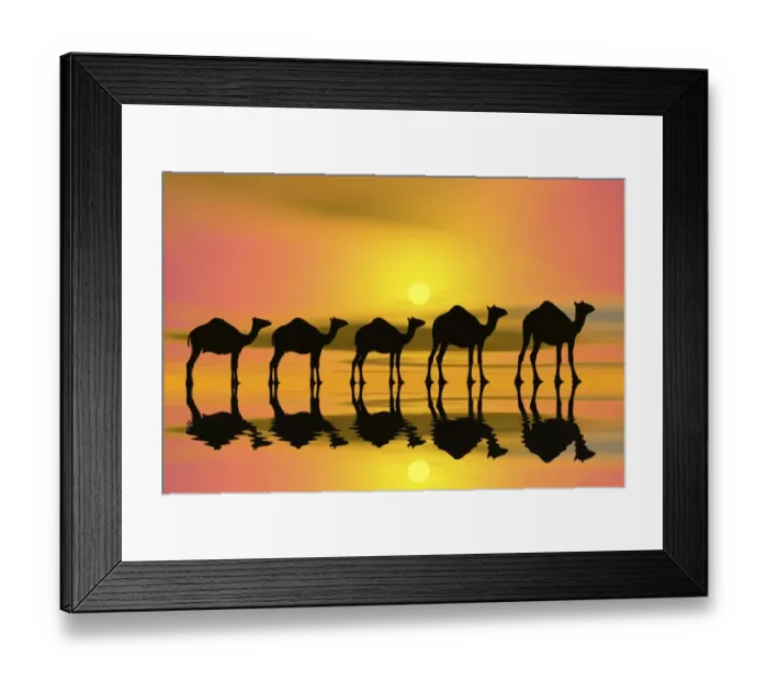 Framed Print : Camel caravan at sunset, silhouette, 3D graphics Framed Print : Camel caravan at sunset, silhouette, 3D graphics