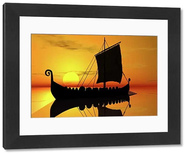 Viking ship, sunset, silhouette, 3D graphics