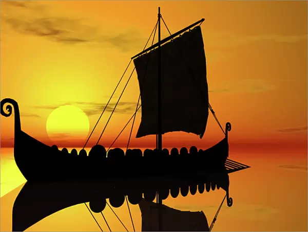 Viking ship, sunset, silhouette, 3D graphics