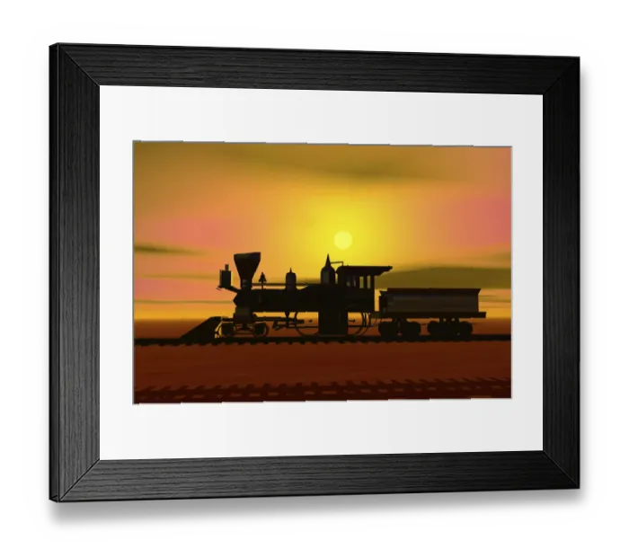Framed Print : Historic locomotive at sunset, silhouette, 3D graphics Framed Print : Historic locomotive at sunset, silhouette, 3D graphics