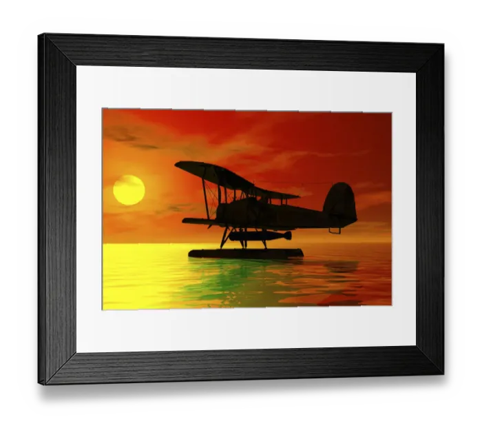 Framed Print : Seaplane landing at sunset, silhouette, 3D graphics Framed Print : Seaplane landing at sunset, silhouette, 3D graphics