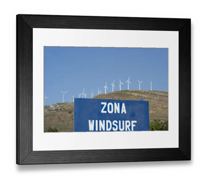 Framed Print : Sign and wind turbines, Tarifa, Costa de la Luz, Andalucia, Spain, Europe Framed Print : Sign and wind turbines, Tarifa, Costa de la Luz, Andalucia, Spain, Europe