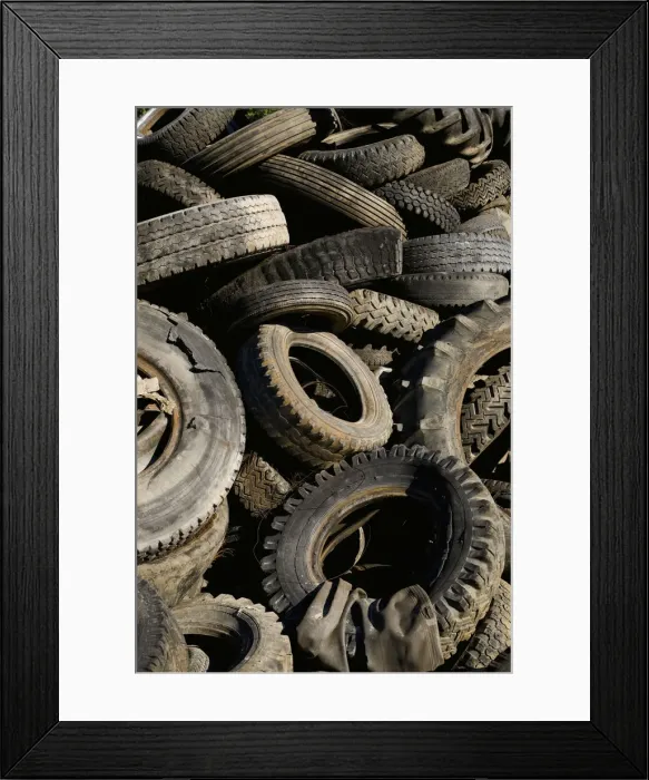 Framed Print : Old car tyres, material for recycling Framed Print : Old car tyres, material for recycling